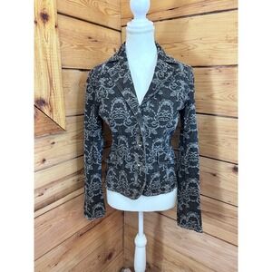 Axcess Liz Claiborne Womens Grey Damask Floral Denim Blazer Jacket Size 6